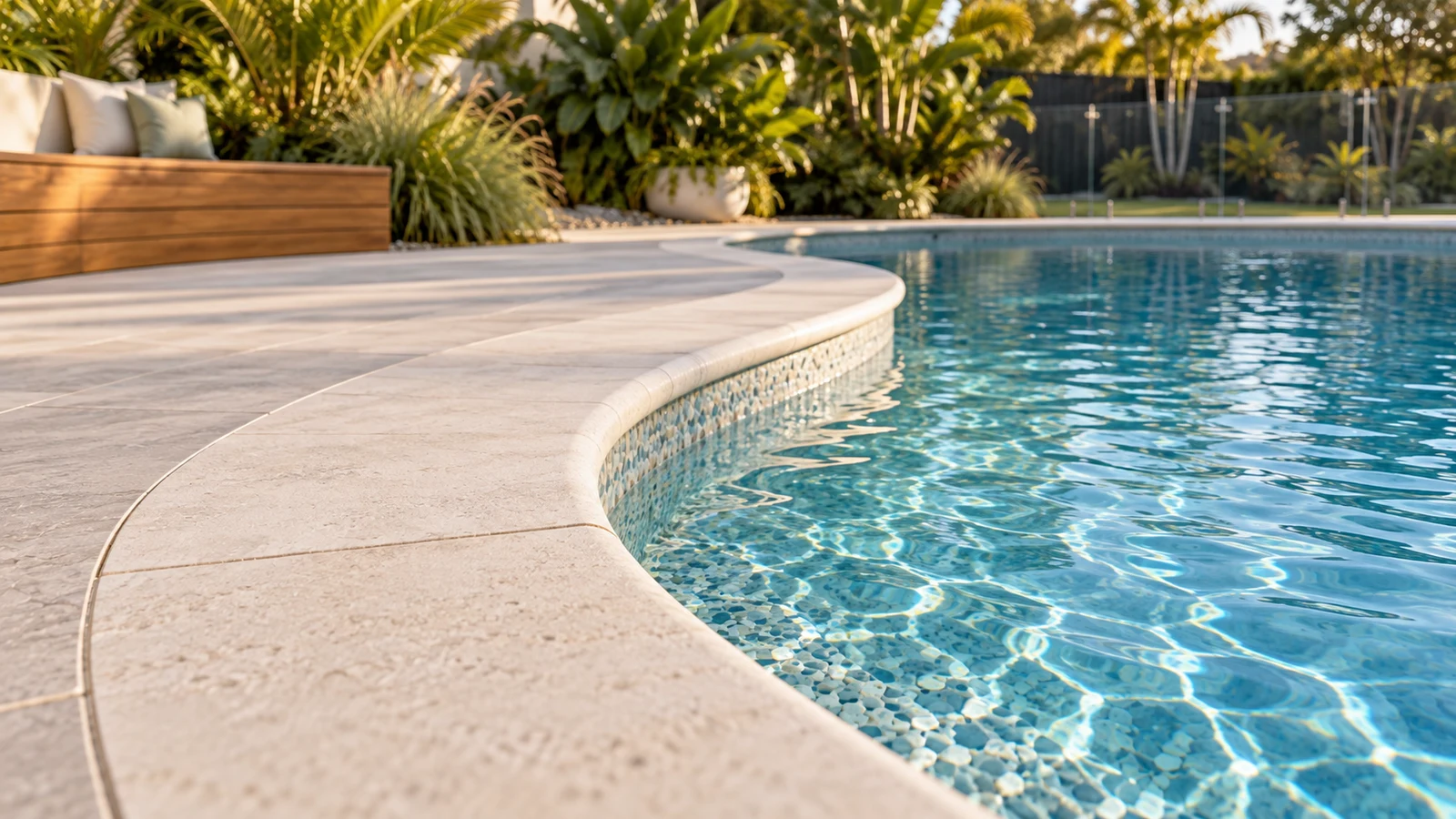 Close view of the sweeping pool edge with sunlit stone and blue water
