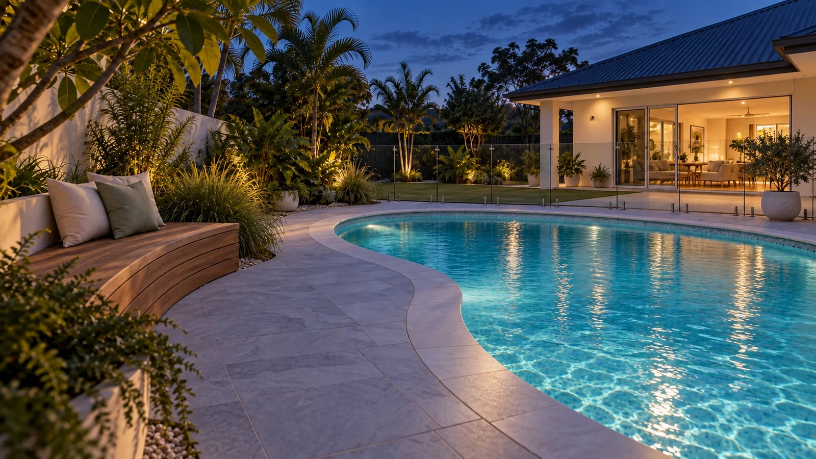 The same garden pool at blue hour, with warm window light and a luminous water surface