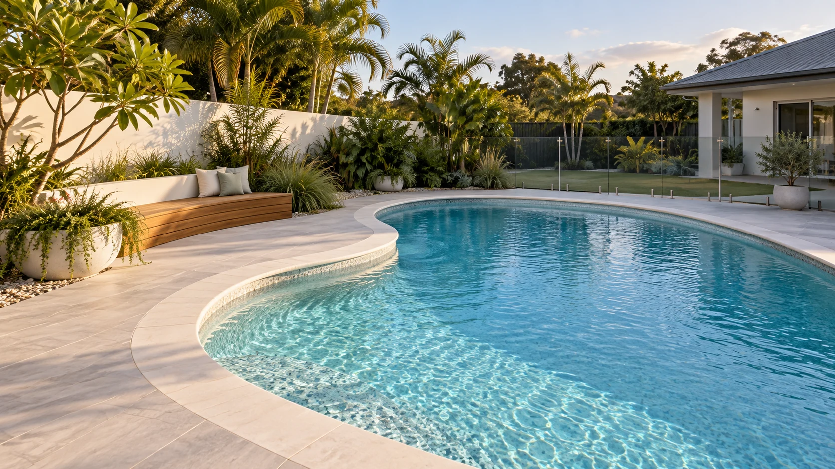 Luminous curved family pool surrounded by pale paving, timber seating and subtropical greenery