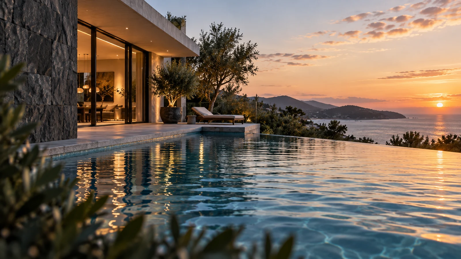 A sunset coastal pool beside a stone and timber home, overlooking a quiet bay