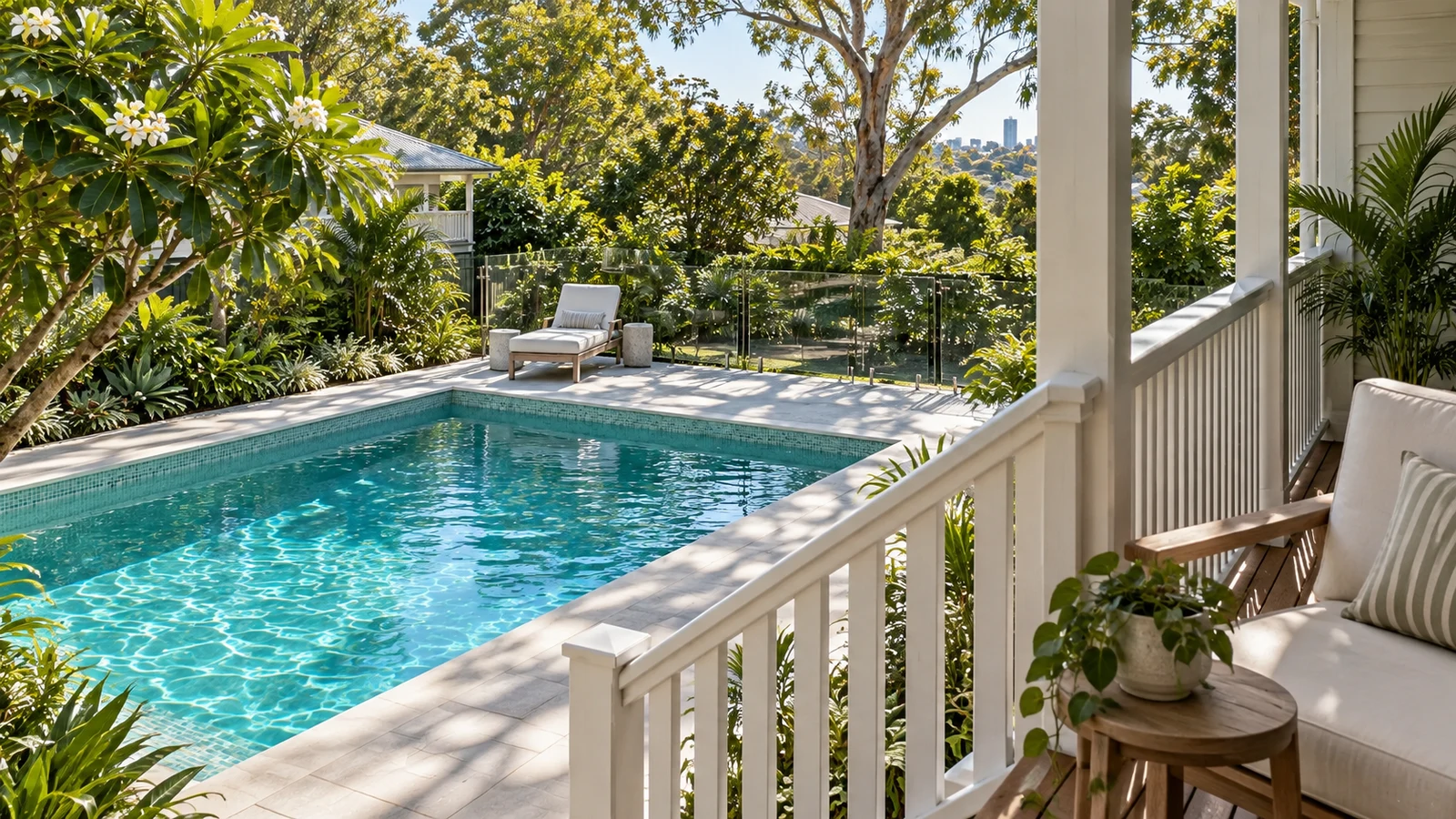 A second view across the courtyard pool towards the veranda and garden